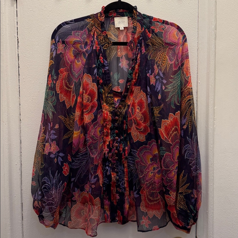 Johnny Was Silk Chiffon Floral Ruffle Blouse